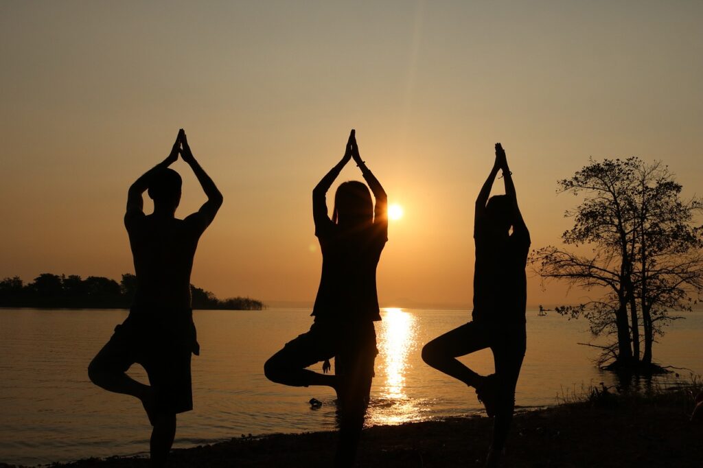 dawn, yoga, island, nature, sun, heath day, happy day, brown yoga, brown island, international yoga day, yoga pose, people doing yoga